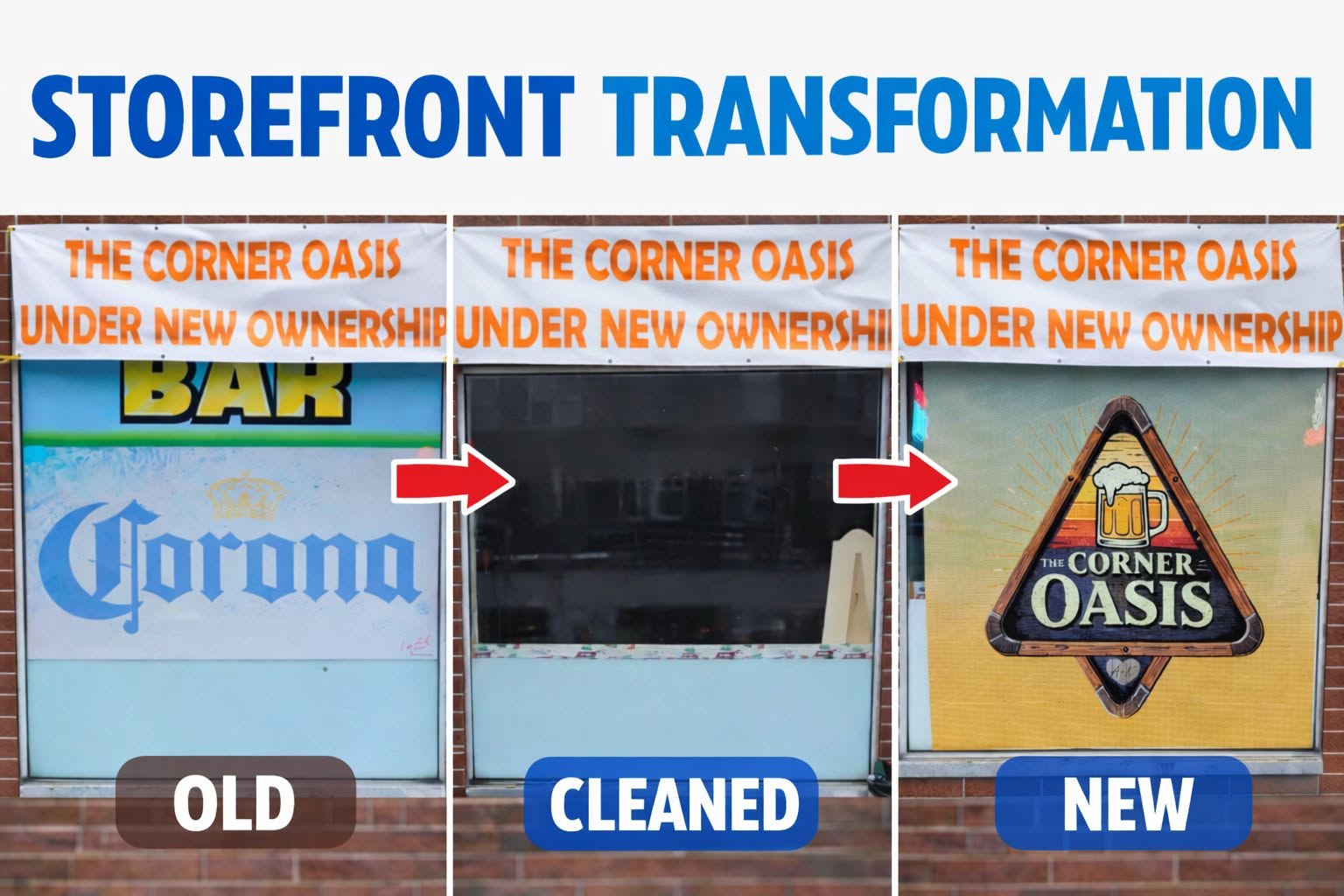 Corner Oasis storefront transformation from old window graphics to a new finished design